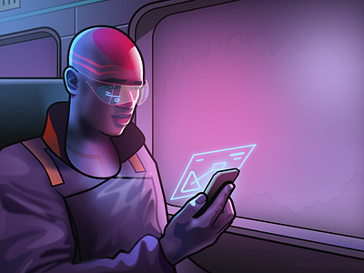Guy on a train - infographic header android character cyberpunk cyborg future illustration man phone portrait punk robot sci fi stroke