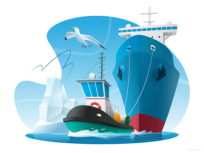 Tugboat towing a ship affinity boat cargo cartoon design illustration ocean sea ship tanker tug vector