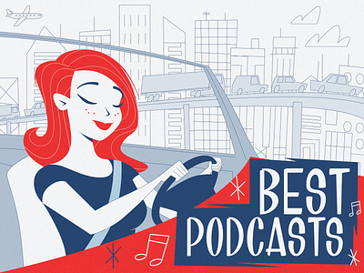 Best podcasts - infographic header affinity car cartoon character city design flat girl illustration line midcentury portrait stroke vector woman