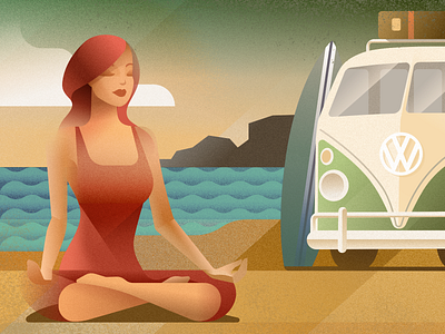 Wellness retreat - infographic header art beach campervan car character deco design girl grain holiday illustration portrait poster van vector vehicle volkswagen vw woman yoga