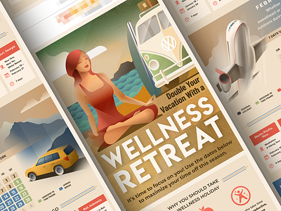 Wellness retreat - infographic affinity airplane art beach campervan car character deco design holiday illustration portrait poster summer vector vehicle vw woman yoga