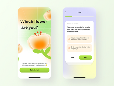 Flower Quiz App Design dailyui eco friendly floral app flower app flower quiz gradient gradient background green app illustration quiz survey test ui uiux design