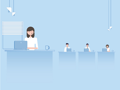 Office blue boss callcenter employees illustration laptop office officespace people teamwork vector