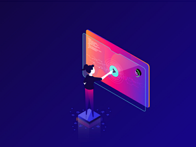 Working brightcolor character computer illustration isometric play dashboard screen technology vector