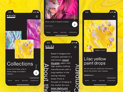 Noiee Prints - Dark Mode Mobile Pages app colorful dark dark mode figma grid interface layout mobile print responsive simple typography ui user interface ux web design website