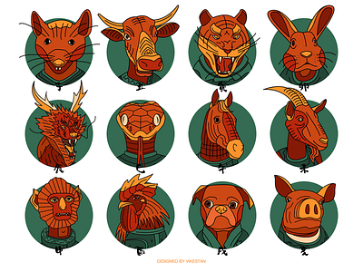 Twelve Zodiacs animal buffalo chicken constellation dog doodle dragon goat horse illustration line monkey mouse pig rabbit snake tiger tradition
