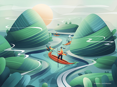 The Dragon Boat Festival cloud dragon festival green illustration landscape man mist mountain plant rice dumplings rivers the dragon boat festival ui web