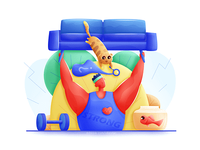 Fitness coach cat fish healthy illustration man muscle search sofa soft strong ui web