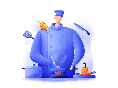 Cook bird blue chef cooking illustration man pot soft soup ui vegetables web