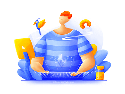 Programmer2 bird blue bright illustration keyboard light man soft striped tea ui web