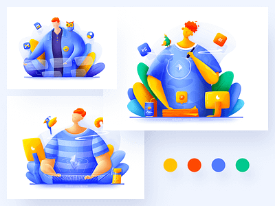 Internet three men bird blue bright business designer illustration man plant product manager programmer ui web