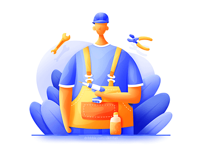 Builder blue bright electric drill float helmet illustration man orange juice plant pliers smooth web wrench