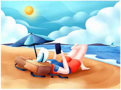 Seaside blue boat bright cloud illustration rucksack sand sea sunshade sunshine ui web woman