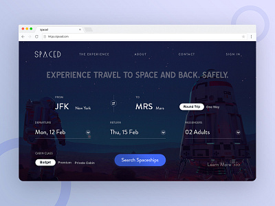 Homepage UI for SPACED booking contest creative future futuristic minimal spaced spacedchallenge ticket travel ui ux