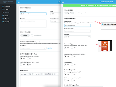 Onboarding Admin SAMCart admin cart checkout dashboard fields interface onboarding settings ui