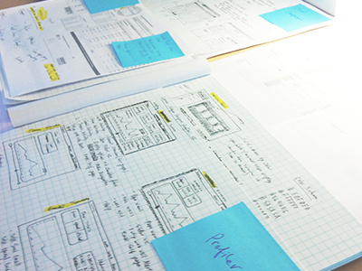 Piles of sketches grid notes pen and paper planning sketching ui design ux design wireframing