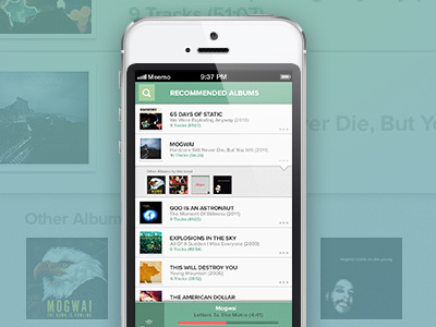 MeeMo Music Recommender app clean gesture ios iphone iphone5 list minimal music player search white