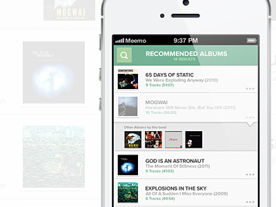 Meemo Music Recommender iPhone albums ios iphone list meemo music music app playlist ui white