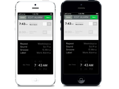 Alarm clock edit screen | iPhone alarm clock app black iphone buttons clean edit flat gesture interface design ios iphone minimal swipe time ui ui design white iphone
