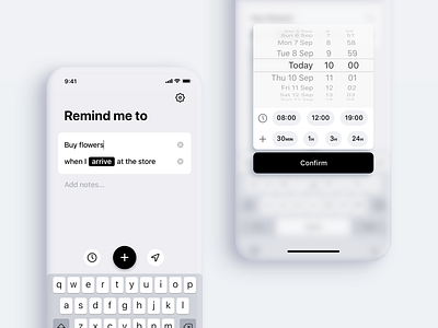 Remindly – Reminders created on the fly app design ios iphone location mobile picker productivity reminder task time to do todo ui