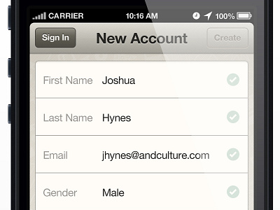 New Account Form app form hatchback ios login password sign up status verify