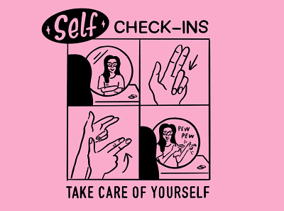 Self Check-Ins black comedy comic fingerguns humor illustration pink procreate type
