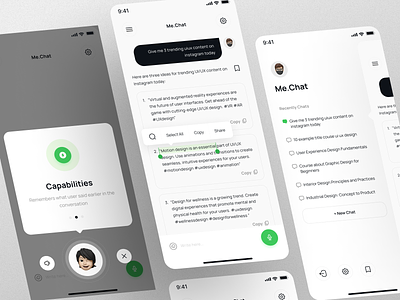 Me.Chat - AI Assistant ai android apps artificial intelligence assistant black bot chat chatgpt concept green ios minimalist modern simple ui uidesign uiux ux white