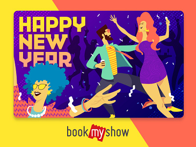 BookMyShow wishes Dribbblers a Happy New Year bookmyshow card celebration gift illustration new party year