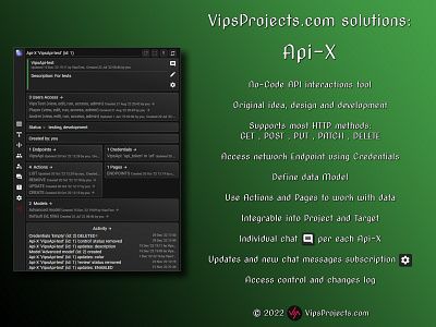 Api-X (VipsProjects.com solutions) access admin andrei vips api branding chat dashboard design http interface no code original pwa targets ui ux vipsprojects web