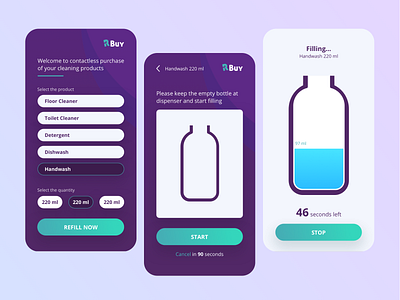 R Buy - App UI for Refilling Cleaning Products 3d animation app app ui ux business cleaning contactless dispenser enviroment gogreen gradient illustration interaction design mobile app plasticfree purple refill ui uiux uxdesign