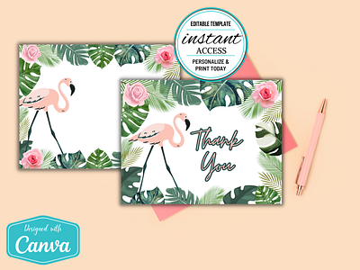 #006 Double Sided Flamingo Rose Thank You Card CANVA Template canva canva template design flowers thank you card thank you design template