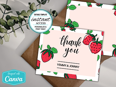 #010 Double Sided Thank You Card Strawberry Fruits Collection canva canva template design thank you card thank you design template