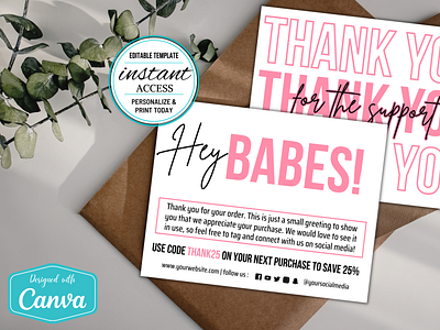 #002 Double Sided PRINTABLE Thank You Cards Pink White canva canva template design thank you card thank you design template