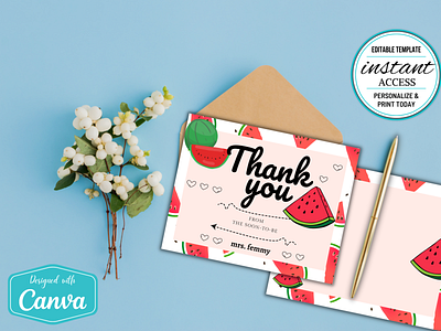 #012 Double Sided Thank You Card Watermelon Fruits Collection canva canva template design fruits thank you card thank you design template watermelon