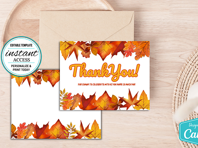 #008 Double Sided Fall Autumn Rose Thank You Card CANVA Template canva canva template graphic design thank you card thank you design template