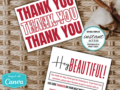 #004 Double Sided PRINTABLE Thank You Cards Deep Carmine White canva canva template design thank you card thank you design template