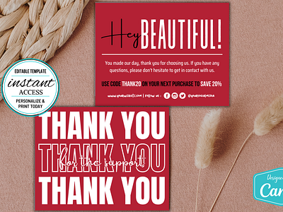 #004 Double Sided PRINTABLE Thank You Cards Deep Carmine RED canva canva template design thank you card thank you design template