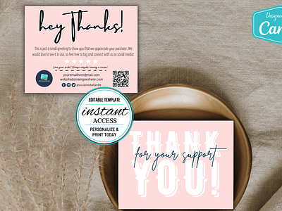 #003 Double Sided PRINTABLE Thank You Cards Soft Pink & Black canva canva template design thank you card thank you design template