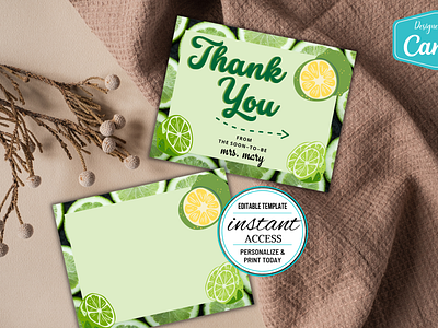 #015 Double Sided Thank You Card Lime Fruits Collection CANVA canva canva template citrus design lime thank you card thank you design template