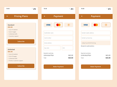 Pricing plan and card and crypto payment options pages