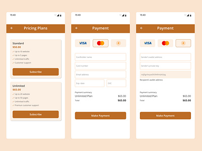 Pricing plan and card and crypto payment options pages