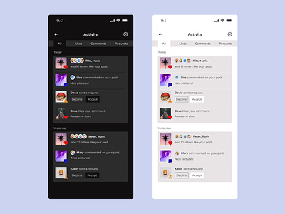 Activity feed UI (Light and Dark modes)