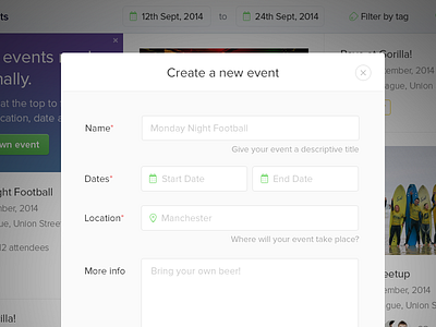 Create a new event create form modal window