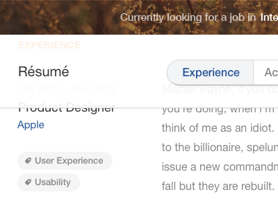 Profile experience profile resume segmented control tags white