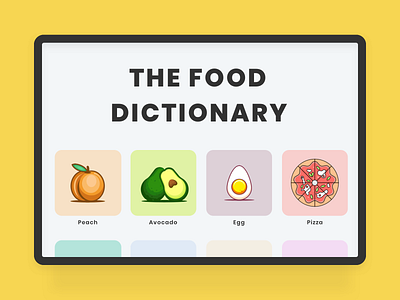 The food dictionary avocado banner design dish egg food food app food illustration foodie hero illustration illustrator ingredient peach pizza ui vector visual