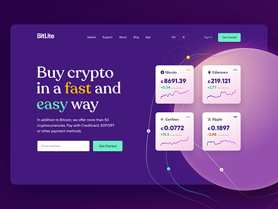 Landing page for the crypto trading platform bitcoin crypto cryptocurrency dailyui design etherium form header homepage interface landing page purple ripple trading ui ux web web design webdesign website