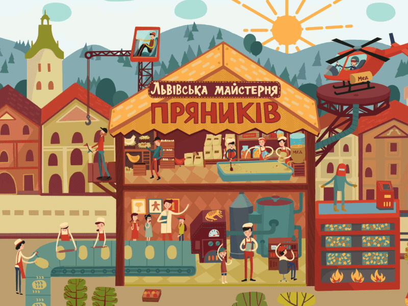 Cover video for "Львівська Майстерня Пряників" fb page ae aftereffects animation car character city cookie fabric gif helicopter illustration loop lviv manufacture people