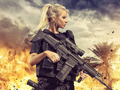 Waiting for Orders before after blonde female model fire girl gun photomanipulation photoshop retoucher retouching retouchlab soldier
