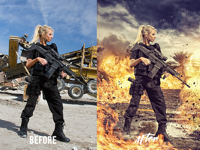 Before / After - Retouchlab.net before after digital art fire girl gun photo editing photomanipulation retouch retoucher retouching retouchlab soldier soldiers war woman