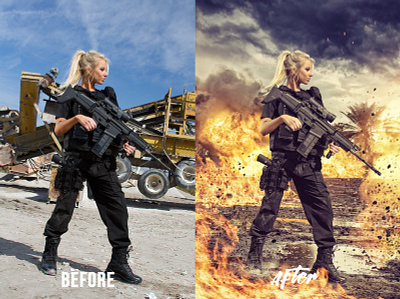Before / After - Retouchlab.net before after digital art fire girl gun photo editing photomanipulation retouch retoucher retouching retouchlab soldier soldiers war woman